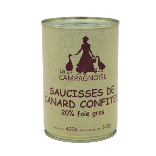 Boite_Saucisses_Canard_Confites_au_Foie_Gras_400g_La Campagnoise_Producteur de Foie Gras Sud - Ouest Creysse Rocamadour